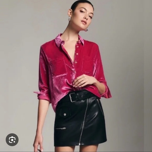 Anthropologie Pilcro Hadley Relaxed Velvet Button Down Top Hot Pink Size 2 - Picture 1 of 9